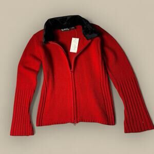 VTG Y2K Zip Up Red Cardigan Black Faux Fur Collar Womens Small Christmas Sweater